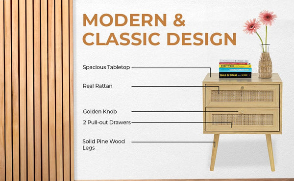 Modern 2- Draw Bedside Table - Light Brown