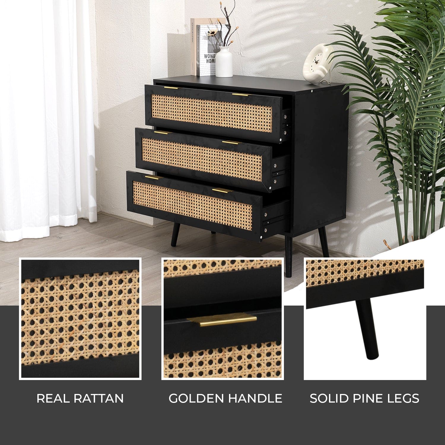 Black Rattan Chest of Drawers  3 Drawer Storage Unit | Modern Black C |  Home Stuff Plus