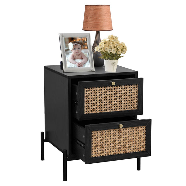 Modern Rattan 2-Draw Bedside Table - Black