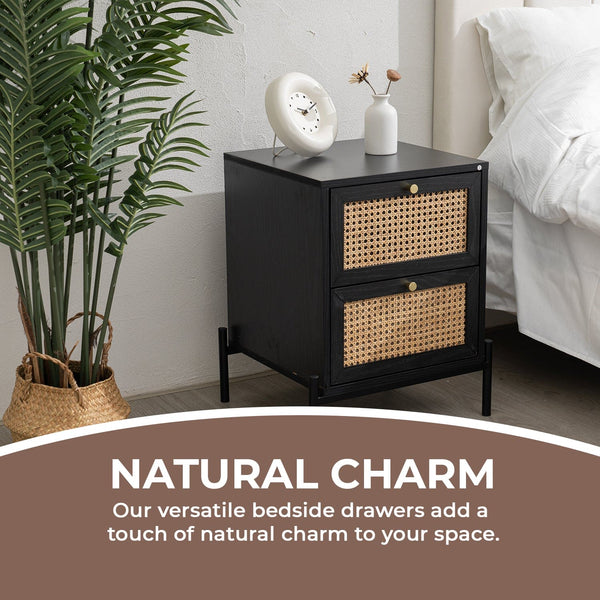 Modern Rattan 2-Draw Bedside Table - Black