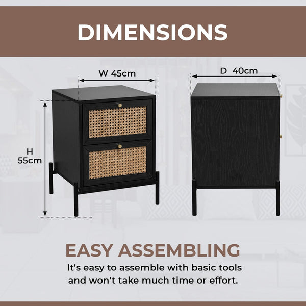 Modern Rattan 2-Draw Bedside Table - Black