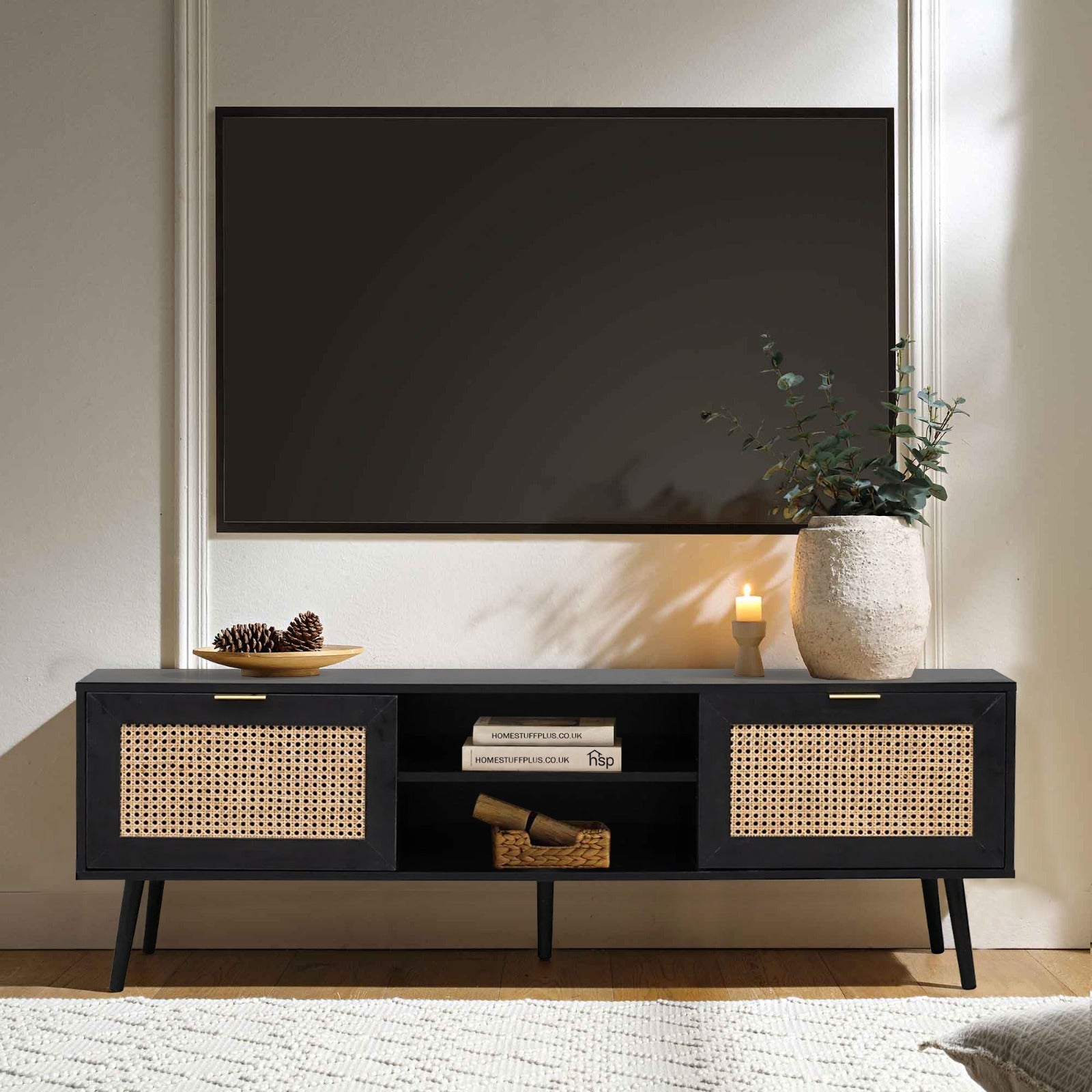 Black Rattan tv stand cabinet tv unit