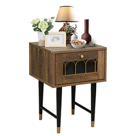 Brown Bedside Table with One Drawer – Gold Accent Modern Nightstand
