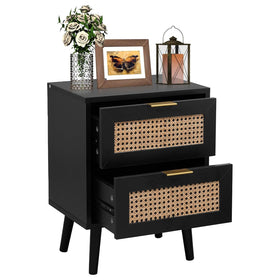 Rattan Bedside Table with 2 Drawers - Black