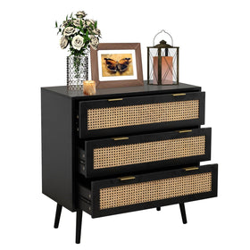 Rattan 3-Drawer Bedside Chest - Black